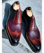 Men's Handmade Luxury Leather Dress Shoes Brown Two Tone Leather Wingtip Shoes - £143.54 GBP - £159.49 GBP