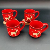 Lot of 4 L. L. Bean Red 8 oz Hot Chocolate Cocoa Mugs Reindeer &amp; Snowflakes - £27.94 GBP