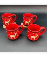 Lot of 4 L. L. Bean Red 8 oz Hot Chocolate Cocoa Mugs Reindeer &amp; Snowflakes - £27.52 GBP