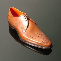 Handmade Men&#39;s Tan Brogue Leather Lace up Chisel Toe Derby  Formal Dress Shoes - £102.86 GBP+