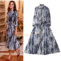 Queen Letizia Inspired Navy and white Zebra Belted Cotton Shirt Dress OZ Stock - £92.82 GBP