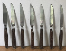 Set Lot 7 Vtg Mid Century Wood Wooden Handle Serrated Steak Knives 4.25”... - £15.71 GBP
