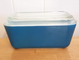 HTF Pyrex Refrigerator Dish Loaf Pan 0502 Turquoise Blue Milk Glass Clear Lid - £21.85 GBP