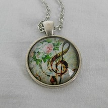 Music Flowers Treble Clef Rose Silver Tone Cabochon Pendant Chain Necklace Round - £2.39 GBP