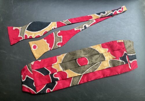 Vintage Cummerbund Bow Tie Colorful Silk Abstract Yellow Red Olive Green... - $22.44