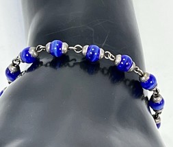 Vintage 925 Sterling Silver Lapis Lazuli Blue Glass Beaded 8&quot; Toggle Bra... - $41.84