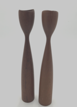 VTG MCM Brown Wooden Tulip Candlestick Holders Denmark Set of 2 11 Inch - $18.70