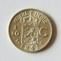 Netherlands Indies Silver 1/10 Gulden Coin 1941 Unc Rare Nr - $18.49