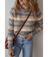 Gray Striped Ribbed Edge Round Neck Sweater - $200.10