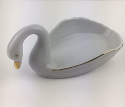 Swan Figurine Jewelry Bowl With Gold Trim Trinket Dish 6 Inch Porcelain - $5.81