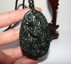 2.4&quot;China Certified Nature Hetian Nephrite Jade Dark Green Fortune Tiger Pendant - £53.68 GBP