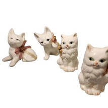 4 Vintage Porcelain Cats Kittens White Pink Ribbons Rosettes Retro Colle... - £7.74 GBP