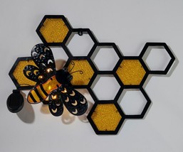 Bee Solar Honeycomb Plaque 23" Long Hanging Glass Metal Garden Black Yellow image 2