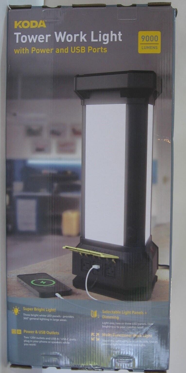 NEW Koda LED Tower Work Light with Power and USB, 9000 Lumens 360