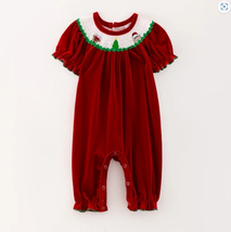 NEW Boutique Christmas Santa Smocked Baby Girls Velvet Romper Jumpsuit - £13.12 GBP