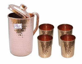 Pure copper Hammered Jug Pitcher pure Solid With Set of 4 Glass Tumbler Home - £48.12 GBP