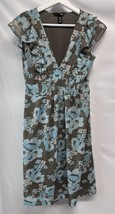 H&amp;M Blue &amp; Gray Floral Chiffon A Line Dress Breezy Lined Smocked Lined 8 - £19.37 GBP