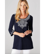 J.Jill Sz L Embroidered Knit Blue Tunic Pullover Blouse Stretch Elbow Sl... - $35.12 CAD