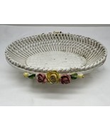 Capodimonte Trinket Basket Oval Dish Lattice With Pink And Yellow Roses ... - $71.49