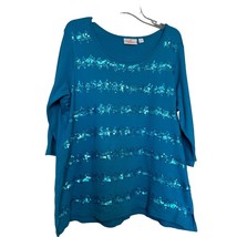 Quacker Factory Tunic Top Turquoise Blue XL Knit Embellished Sequin Half Sleeve - £14.13 GBP