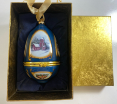 Mr. Christmas Musical Egg Ornament Music Box Porcelain Blue Church Scene - £23.22 GBP
