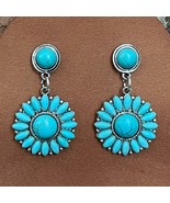New Boutique Faux Turquoise Sunburst Cluster Drop Earrings Western Flowe... - $34.17 CAD