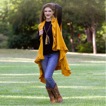  Waterfall Cardigan Sweater   Wavy Ruffle Hem Long Duster Topper Golden ... - $33.07