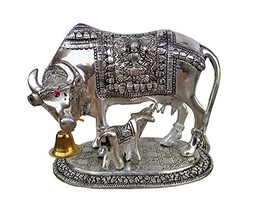 Rastogi Handicrafts Handmade Naturally Metal Silver Plated Kamdhanu Cow Calf Big - $54.49