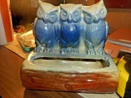 Vintage Fredricksburg Art Pottery Three Owl on a Log Planter Flowerpot Blue Owls - £18.59 GBP