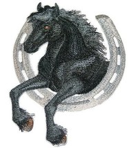 [Custom] Lucky Charm Horse with Horse Shoe [Black Friesian] Embroidery Iron On/S - £15.29 GBP