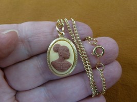 CA30-71 RARE African American LADY ivory + brown CAMEO brass Pendant necklace - £19.85 GBP