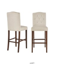 Two Walnut Finish Upholstered Bar Stool with Back Biscuit Beige Seat Sty... - $189.99