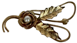 Rose Flower Pin Brooch Gold-Tone Faux Pearl Small 2 inches Fashion Jewelry - £6.25 GBP