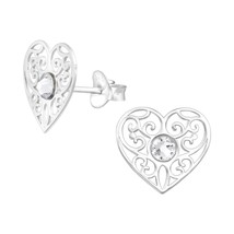 Heart 925 Silver Stud Earrings with Genuine Crystals - £12.73 GBP
