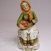 Vintage Figurine Unmarked 80&#39;s Old woman With Basket Sitting On Bench Happy Rare - $11.18