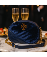NEW Tory Burch Kira Chevron Harbor Blue Velvet Small Camera Bag/Crossbod... - $358.00