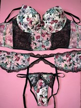 Victoria&#39;s Secret 32D,32DD,34DD BRA SET+garter BLACK pink floral applique ROSE - £93.72 GBP