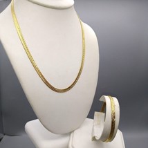 Gold Tone Reversible Herringbone Chain Necklace and Bracelet Set, Flat or Etched - £100.07 GBP