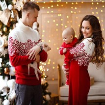 Matching red jacquard Christmas pullover woman men child, Xmas sweater d... - £44.43 GBP