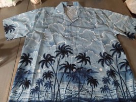 Vintage Ferugini Hawaiian Shirt Blue Tropical Palm Trees Ocean Button Do... - £21.90 GBP