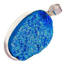 Sky Blue Titanium Druzy Oval Gemstone 925 Silver Handmade Extra Large Pendant - £23.14 GBP