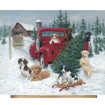 35.5&quot; X 44&quot; Panel Christmas Tree Farm Dogs Red Truck Cotton Fabric Panel D501.85 - $15.73