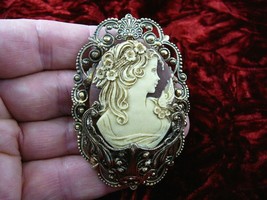 CL15-21) Lacy LADY Woman BIRD ivory brown oval CAMEO scrolled brass Pin Pendant - £29.41 GBP