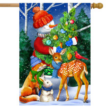 Woodland Snowman Christmas House Flag Deer Fox Bunny 28&quot; X 40&quot; - £21.28 GBP