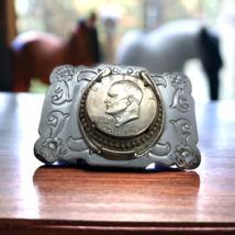 Vtg Bicentennial Western Cowboy Belt Buckle Eisenhower Silver Dollar hor... - £22.03 GBP