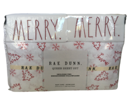 Rae Dunn Queen Sheet Set Merry Christmas Trees Holidays White Red Super Soft New - £44.64 GBP