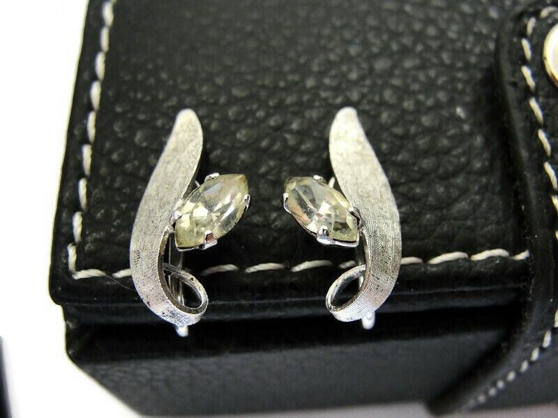 Primary image for 1950 Sterling 925 Silver Screw Back Earrings Van Dell Flower Rhinestone Vintage