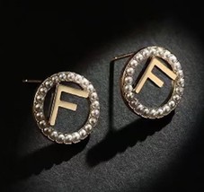 Letter F Off White Akoya Freshwater Pearl Madewell Stud Gold H Earrings Designer - £11.11 GBP