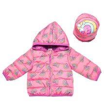 NEW Pink Rainbow Packable Puffer Lightweight Hooded Full Zip Rain Jacket sz 12-8 - £15.94 GBP