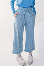 Sky Blue Checkered Elastic High Waist Loose Casual Pants - $319.87 MXN